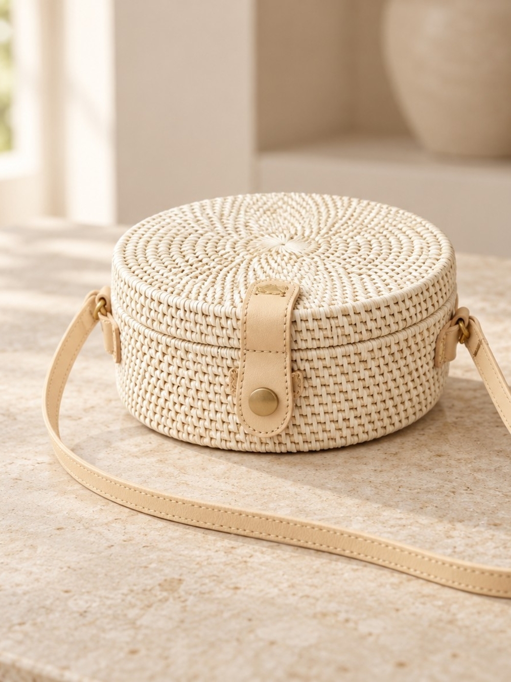 Woven Round Crossbody Bag in Natural